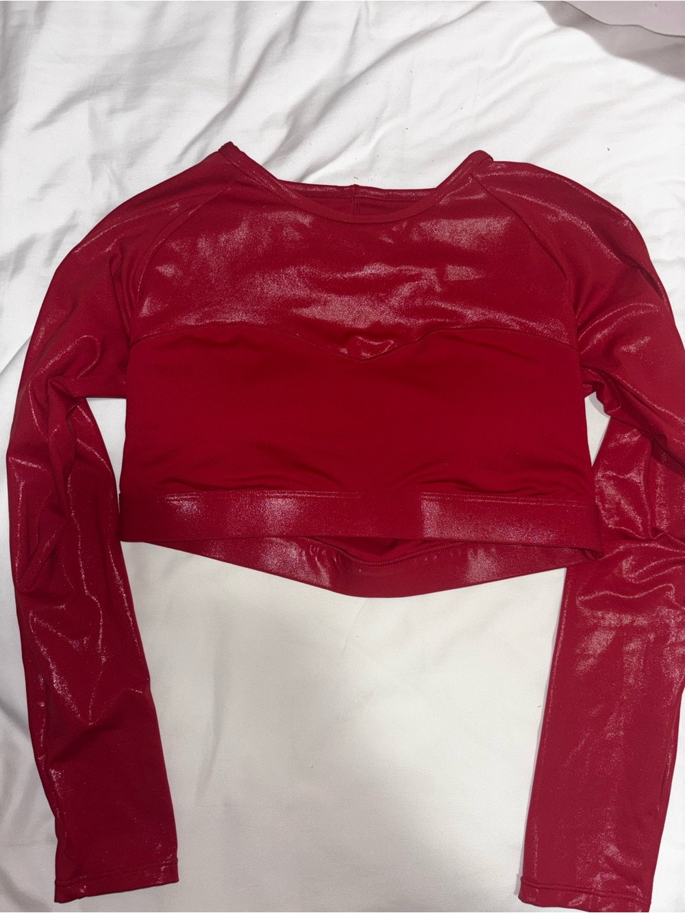 Fabletics M Red Long-Sleeve Shimmer Crop Top